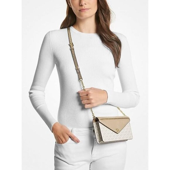 NEW Michael Kors Jet Set Gold Flap Clutch Crossbody Bag PVC Pale Gold Small NWT - Picture 1 of 6